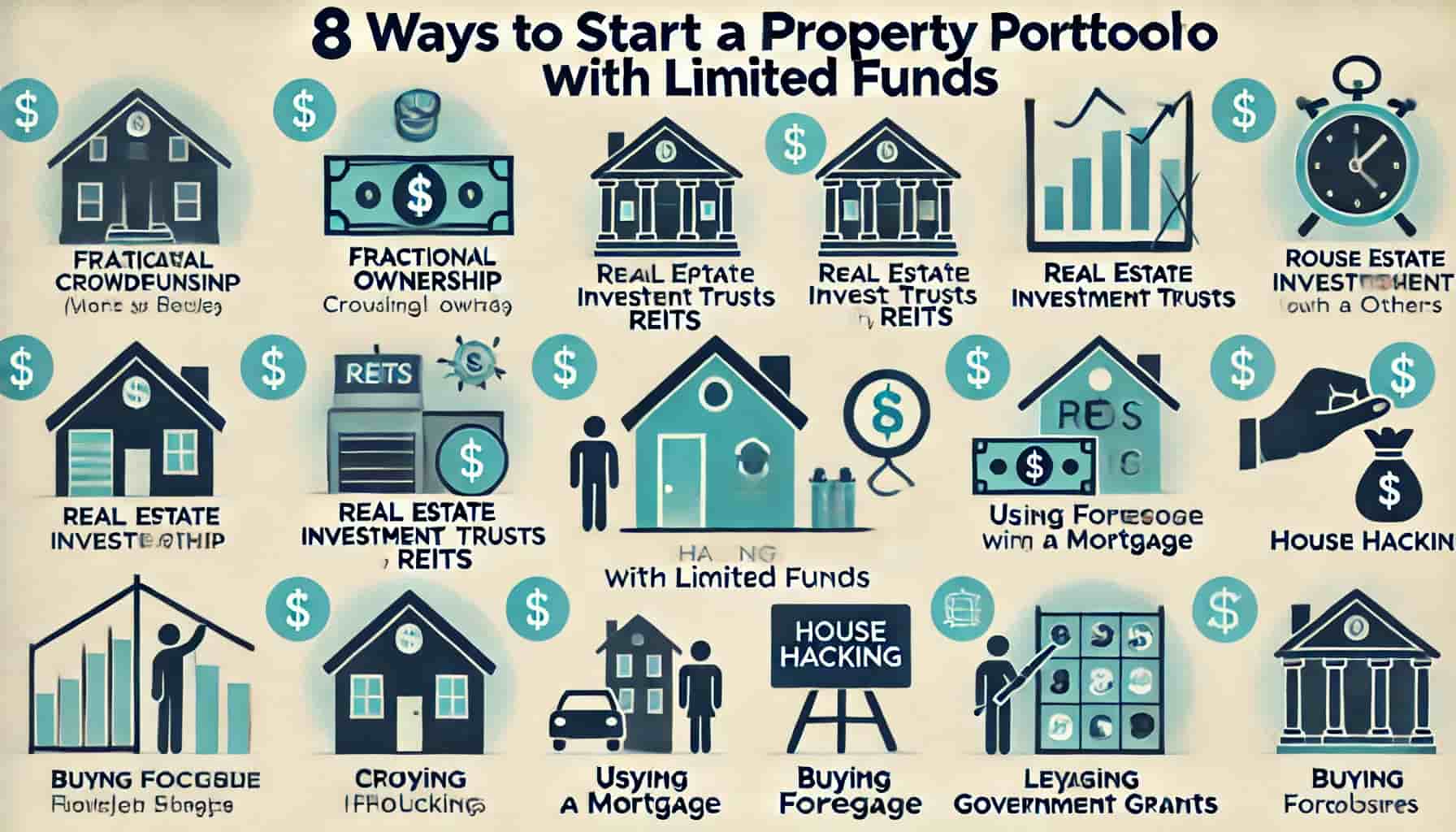 Visual guide showcasing 8 ways to start a property portfolio with limited funds. The image is divided into 8 sections, each representing a different strategy: fractional ownership, crowdfunding, real estate investment trusts (REITs), house hacking, using a mortgage, partnering with others, buying foreclosures, and leveraging government grants or incentives. Simple icons like dollar signs, houses, and investment charts illustrate these methods, offering a clear and professional overview of budget-friendly property investment strategies for new investors.