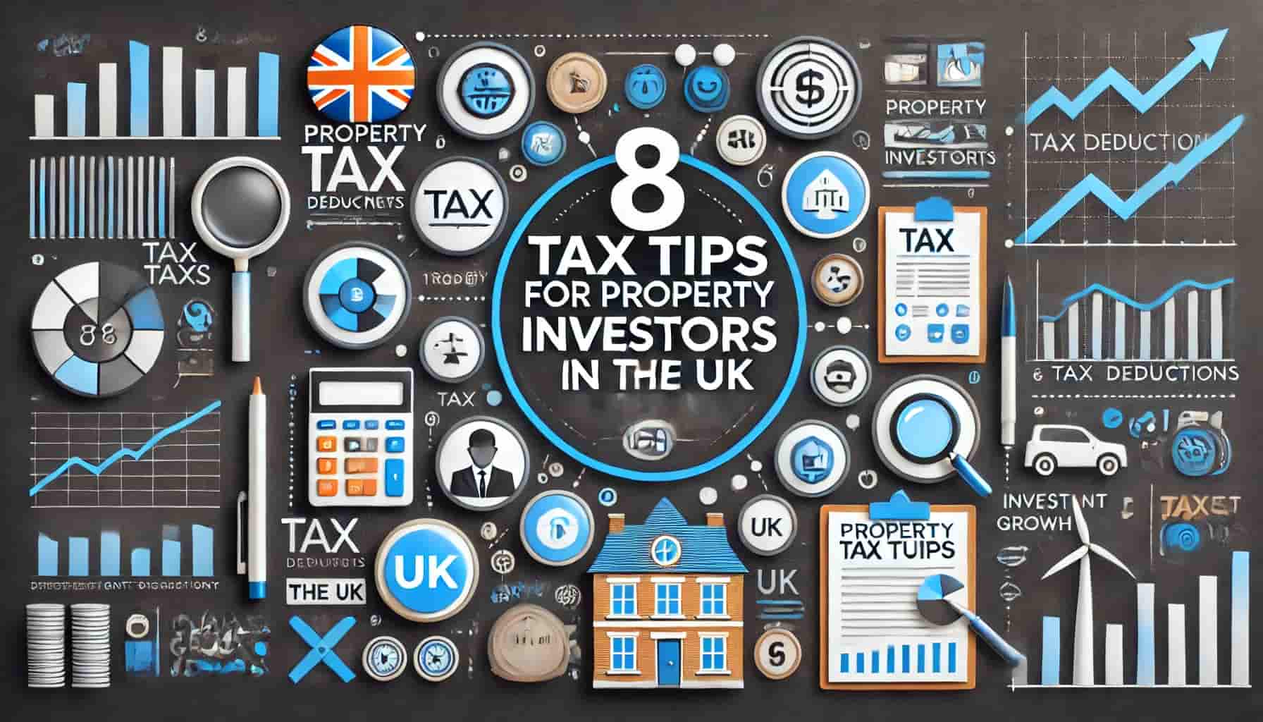 8 Tax Tips for Property Investors in the UK, with visuals of tax documents, calculator, and UK flag. The image highlights key tax tips for real estate investors, including property tax deductions, financial growth, and investment property strategies. This informative design is perfect for property investors looking to optimize their tax planning and understand the UK property tax system, tax deductions, and real estate investment tax tips