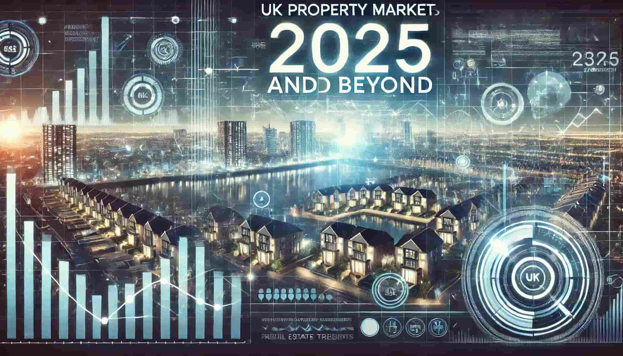 UK Property Market Predictions for 2025 and Beyond, featuring a futuristic cityscape with evolving property developments and digital growth graphs. The image highlights trends in the UK real estate market, including future housing market predictions, investment opportunities, and technological influences on property investment. The design conveys a sense of forward-thinking, innovation, and the evolving landscape of the UK property market in the coming years