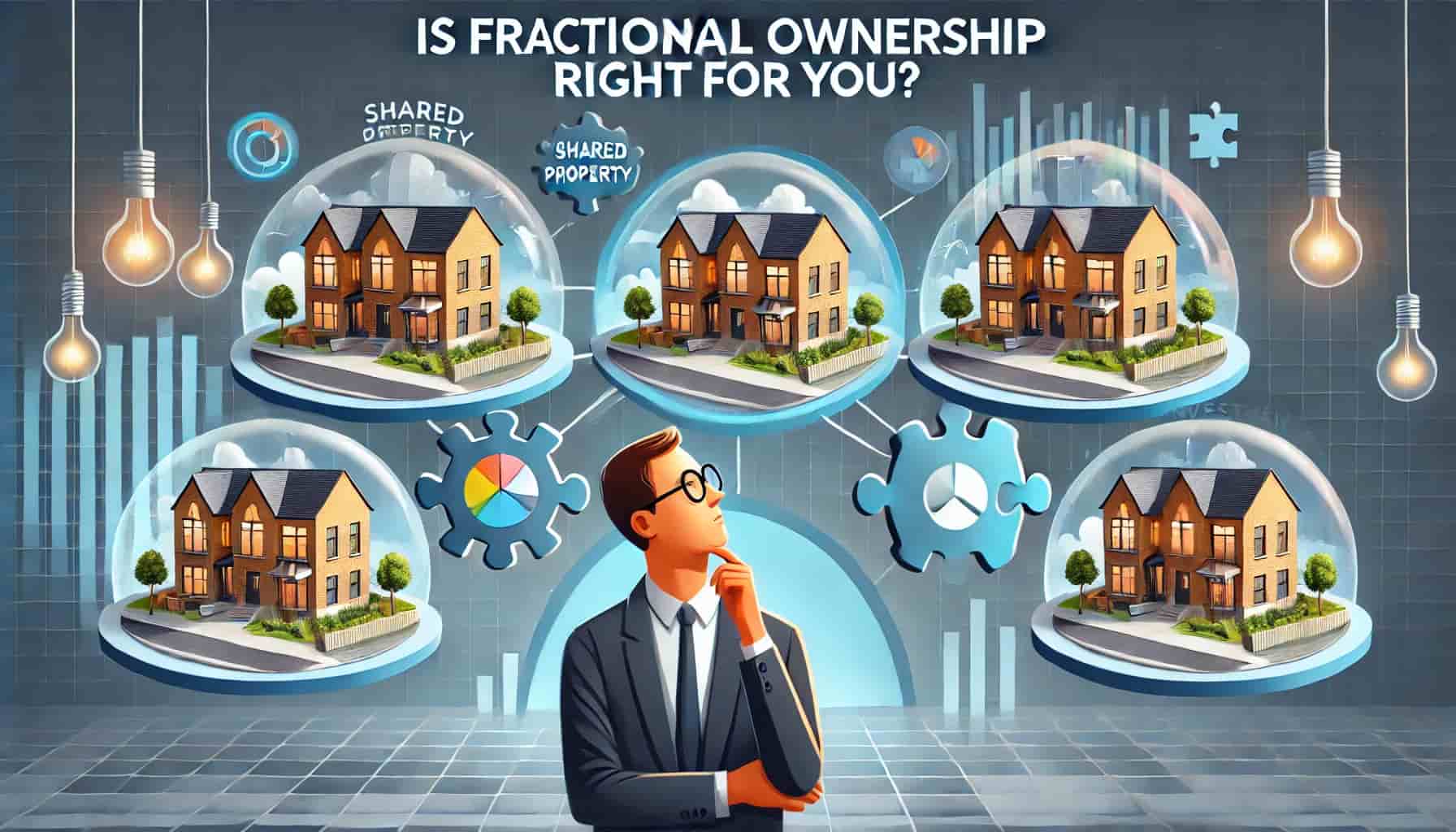 Engaging image for 'Is Fractional Ownership Right for You?' with a person thoughtfully looking at multiple properties, considering fractional ownership. The design includes symbols of shared property, investment opportunities, and puzzle pieces representing multiple investors. The balanced background highlights both individual ownership and shared investment, focusing on the decision-making process for fractional property investment.