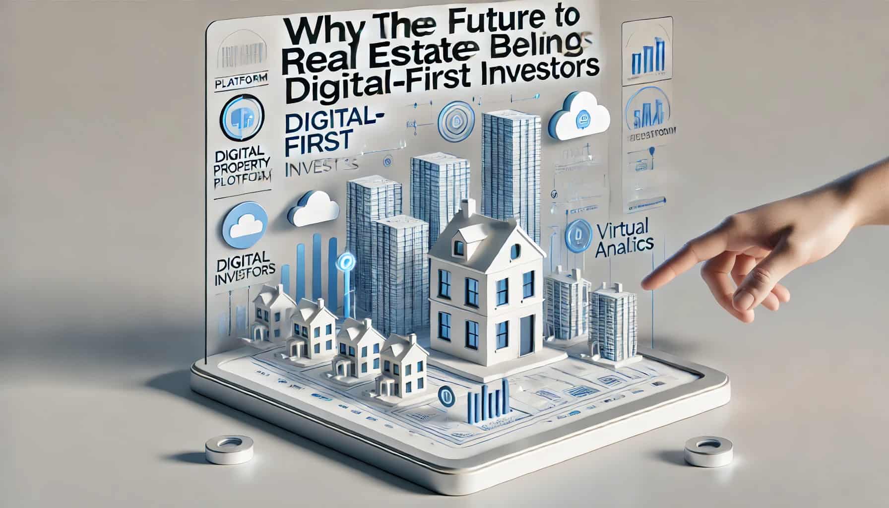 Simple and clean image for 'Why the Future of Real Estate Belongs to Digital-First Investors,' featuring a digital property platform with smart buildings and virtual tours. The design includes basic symbols of technology like cloud computing and data analytics, emphasizing how digital-first investors are shaping the future of real estate